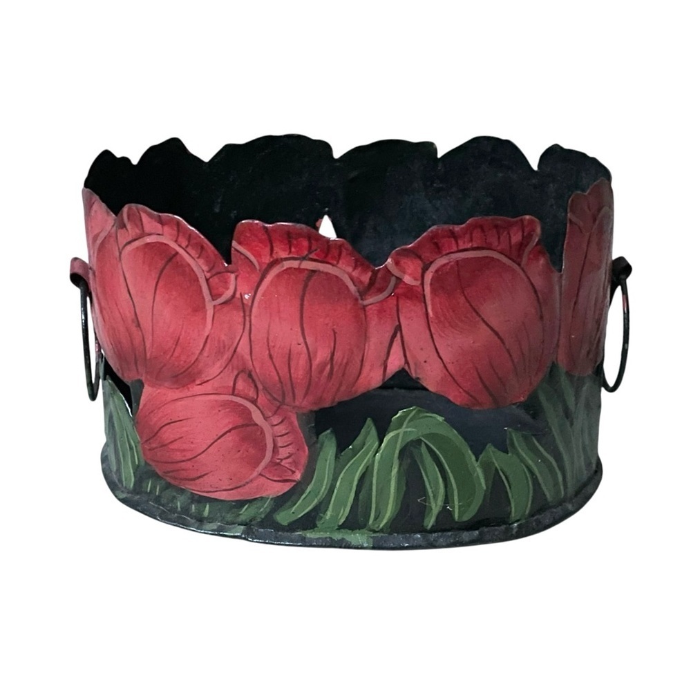 Vintage Boho Cutout Tole Metal Painted Tulips Planter Basket